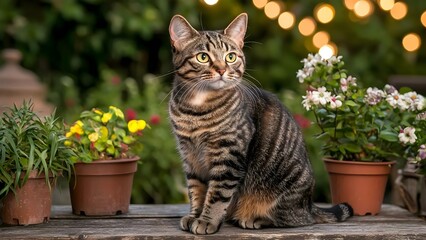 A tabby cat sits on a wooden surface surrounded by flower pots and soft glowing lights in a garden setting. Concept Tabby Cat Portrait, Garden Aesthetics, Cozy Atmosphere, Floral Background