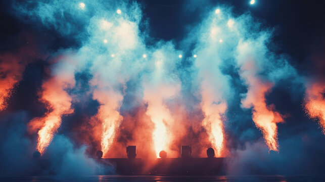 Vibrant stage pyrotechnics display with blue and orange smoke effects