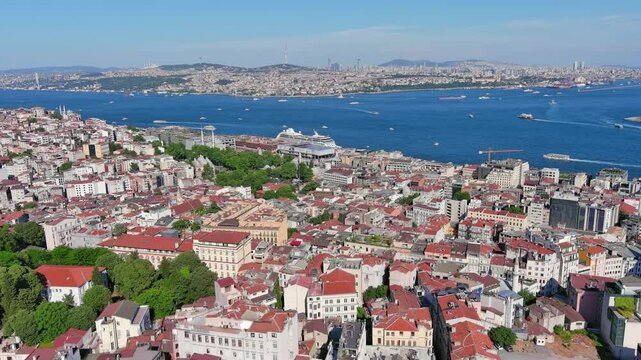 Istanbul, Turkey: Aerial view of famous Turkish city straddling Bosphorus Strait, summer day with clear blue sky - landscape panorama of Europe / Asia from above
