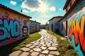 Sun is shining over colorful alley with graffiti on walls
