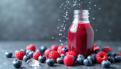 Natural cranberry and blueberry juice blend in a sleek glass bottle among fresh berries and ice, refreshing beverage concept.