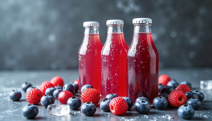 Sleek glass bottles of cranberry and blueberry juice surrounded by fresh berries and ice cubes on a slate stone surface, refreshing beverage concept.