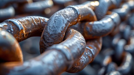 A closeup of heavy rusted metal chains with a weathered patina reflecting soft light on a dark industrial background