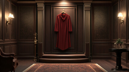 Elegant dark wood paneled room with red cloak and subtle lighting