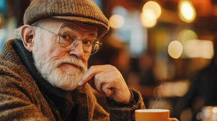 Elderly caucasian male in cozy sweater enjoying coffee at warm café