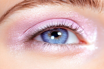 Obraz premium Close-up of a blue eye with pink eyeshadow; beauty, makeup, cosmetics