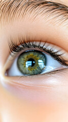 Obraz premium Close-up of a child's green eye, soft skin tones, bright light reflection; ideal for ophthalmology or beauty