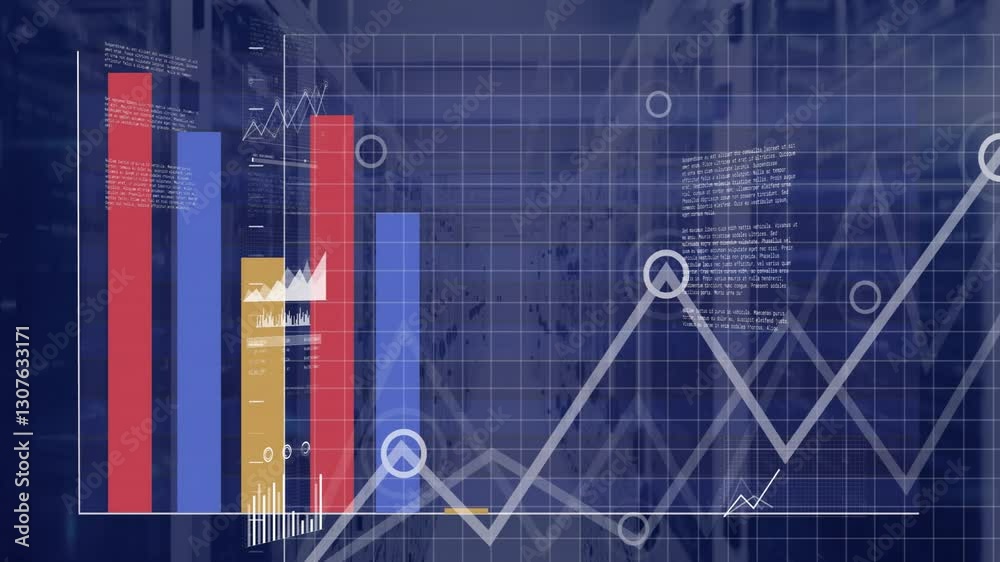 Poster bar graph and data analysis animation over server room background