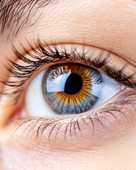 Fototapeta premium Close-up of a hazel eye, reflecting light; beauty, ophthalmology, or medical use