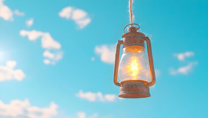 Illuminated oil lamp hanging against a bright blue sky with fluffy clouds; symbolizes hope, guidance, or adventure; ideal for websites, blogs, or inspirational content