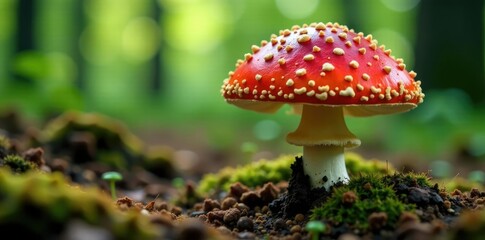 Fototapeta premium Fly agaric mycelium spreading on forest ground, fungi, woodland, spores