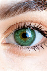Close-up of a vibrant green eye, detailed iris and lashes, soft skin tones, ideal for beauty or medical use