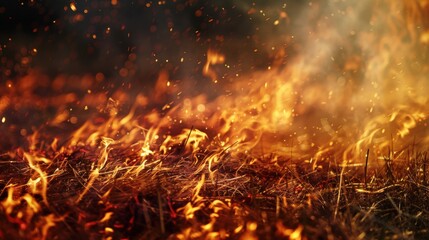 Fire rapidly spreading across dry grass in a wildfire event during warm weather conditions
