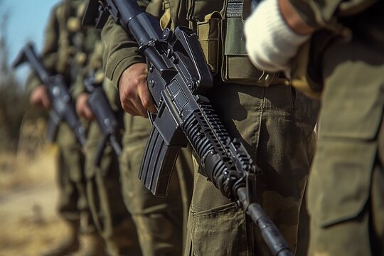 A powerful and intense image of soldiers standing in formation, gripping their rifles with determination