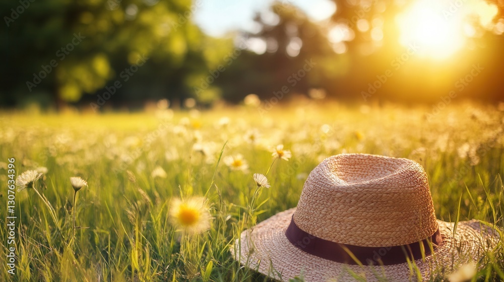 Poster Sunset light shines on a straw hat resting on a field of wildflowers during golden hour in the countryside Generative AI