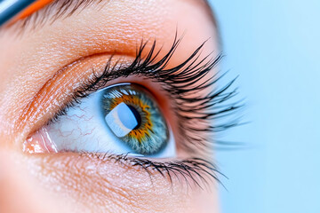 Fototapeta premium Close-up of a youthful eye, gazing upwards, against a pale blue backdrop; ideal for ophthalmology or beauty