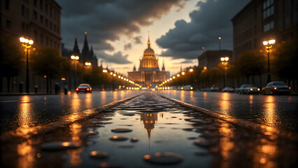 Obraz premium Wet city street with blurred lights and historic building reflection