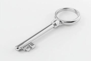 3D render of a shiny silver key with a round head isolated on a white background for security and access concepts