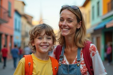 Woman is smiling with her son in street