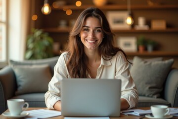Woman is smiling while working on her laptop at table