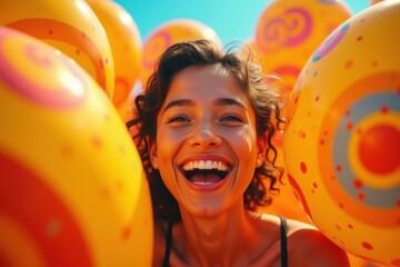 Woman is smiling with lot of balloons in background