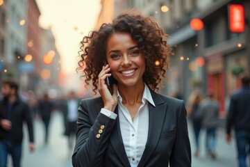 Woman is talking on phone while walking down street