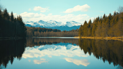 Fototapeta premium Serene lake with forest and snowy mountains under blue sky reflection