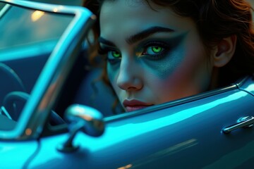 Woman is wearing blue make up and green eyes