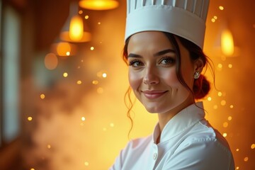 Woman is wearing chef ' s hat and smiling for camera