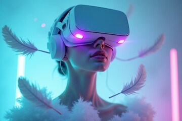 Woman is wearing feathery dress and virtual reality headset