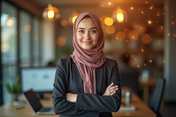 Woman is wearing hijab and standing in front of laptop