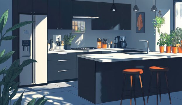 Sunlit modern kitchen with island, plants, and dark cabinetry.