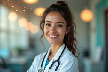 Woman is wearing white coat and stethoscope