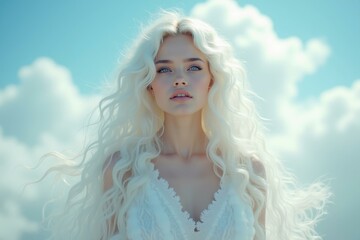 Woman is wearing white dress and posing for picture