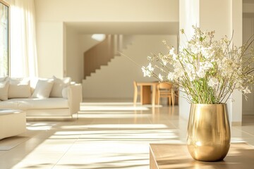 Sunlit modern living room interior with white furniture and a gold vase of flowers.