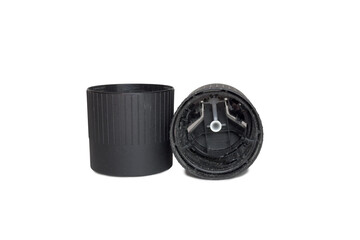 aerosol black aluminium can of body spray, inserted into dispensing lid with hidden spraying mechanism. isolated on white background, with clipping path