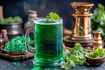 Close-up view of frothy green beer in a glass for celebrating Saint Patrick's Day, a festive theme