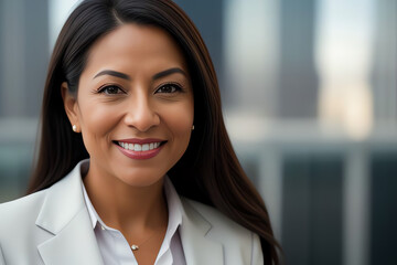 A high-resolution portrait of a confident, smiling professional woman in business attire against a soft, gradient background, conveying modern corporate diversity and empowerment