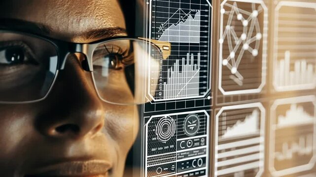 A closeup of an individuals face illuminated by a holographic interface displaying intricate diagrams and analytics showcasing the personalization of digital transformation