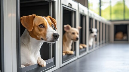 A row of dog kennels in an animal shelter, with various breeds inside
