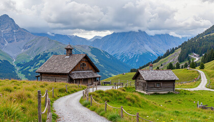 Obraz premium Rustic wooden houses in mountainous landscape