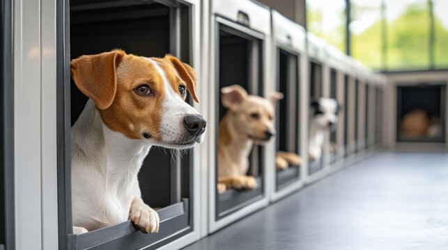 A row of dog kennels in an animal shelter, with various breeds inside - Powered by Adobe