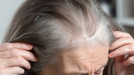 Fototapeta premium A senior woman examining her thinning hair