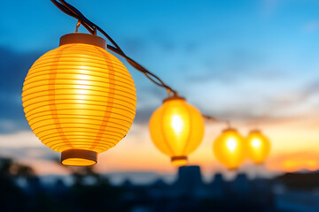 Obraz premium Illuminated paper lanterns at sunset, cityscape backdrop; perfect for summer event promotion