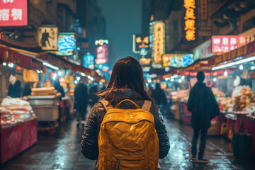 Obraz premium A traveler wandering through a bustling night market, absorbing the atmosphere