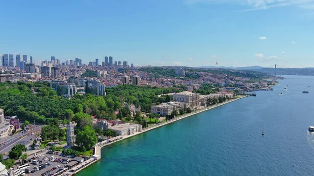 Istanbul, Turkey: Aerial view of famous Turkish city straddling Bosphorus Strait, summer day with clear blue sky - landscape panorama of Europe / Asia from above

