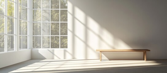 Fototapeta premium Sunlit Modern Room with Wooden Bench.