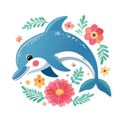 Fototapeta premium simple folk art illustration of a cute dolphin on a white background 