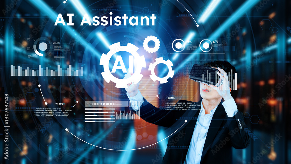 Poster businessman with headset standing at data center while using ai assistance. project manager pointing