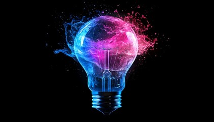 Abstract lightbulb with vibrant, splashing liquid inside.